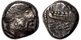 PHOENICIA. Arados. Uncertain king. Circa 400-384 BC. Third Shekel (silver, 2.85 g, 13 mm). Laureate head of Ba'al-Arwad right. Rev. Galley right, abov...