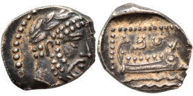 PHOENICIA. Arados. Uncertain king. Circa 400-384 BC. 1/16 Shekel (silver, 0.67 g, 10 mm). Laureate head of Ba'al-Arwad right. Rev. Galley right, above...