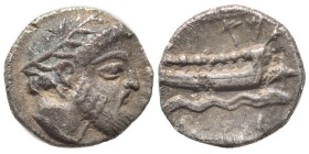 PHOENICIA. Arados. Uncertain king. Circa 400-384 BC. 1/16 Shekel (silver, 0.85 g, 9 mm). Laureate head of Ba'al-Arwad right. Rev. Galley right, above ...
