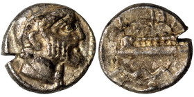 PHOENICIA. Arados. Uncertain king. Circa 400-384 BC. 1/16 Shekel (silver, 0.71 g, 9 mm). Laureate head of Ba'al-Arwad right. Rev. Galley right, above ...
