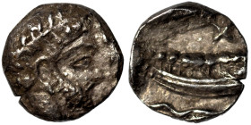 PHOENICIA. Arados. Uncertain king. Circa 400-384 BC. 1/16 Shekel (silver, 0.67 g, 8 mm). Laureate head of Ba'al-Arwad right. Rev. Galley right, above ...