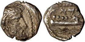 PHOENICIA, Arados. Uncertain king. Circa 400-384 BC. 1/16 Shekel (silver, 0.63 g, 8 mm). Laureate head of Ba'al-Arwad right. Rev. Galley right, above ...