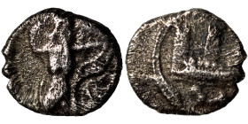 PHOENICIA. Sidon. Time of Ba'alšillem I-Ba'ana, circa 425-401 BC. 1/16 Shekel (silver, 0.64 g, 9 mm). Galley left before city wall with three towers; ...