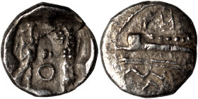 PHOENICIA. Sidon. Ba'alšillem II, circa 401-366 BC. 1/16 Shekel (silver, 0.50 g, 9 mm). Phoenician galley left, waves below. Rev. Persian king or hero...
