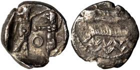 PHOENICIA. Sidon. Ba'alšillem II, circa 401-366 BC. 1/16 Shekel (silver, 0.58 g, 9 mm). Phoenician galley left, waves below. Rev. Persian king or hero...