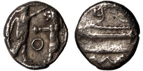 PHOENICIA. Sidon. Ba'alšillem II, circa 401-366 BC. 1/16 Shekel (silver, 0.77 g, 9 mm). Phoenician galley left, waves below. Rev. Persian king or hero...