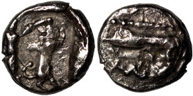 PHOENICIA. Sidon. Ba'alšillem II, circa 401-366 BC. 1/16 Shekel (silver, 0.58 g, 8 mm). Phoenician galley left, waves below. Rev. Persian king or hero...