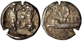 PHOENICIA. Sidon. Ba'alšillem II, circa 401-366 BC. 1/16 Shekel (silver, 0.47 g, 9 mm). Phoenician galley left, waves below. Rev. Persian king or hero...