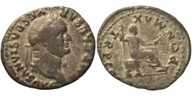 Vespasian, 69-79. Denarius (silver, 3.03 g, 20 mm), Rome. Laureate head of Vespasian to right. Rev. Vespasian seated to right on curule chair, placing...