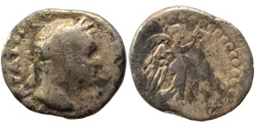 Titus, 79-81. Hemidrachm (silver, 1.26 g, 14 mm), Caesarea, Cappadocia. Laureate head right. Rev. Victory advancing right, holding wreath. RPC 1661. N...