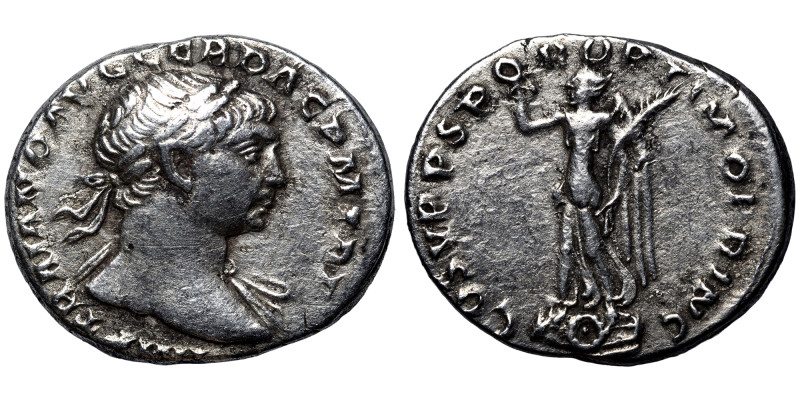 Trajan, 98-117. Denarius (silver, 3.06 g, 19 mm). Laureate head right, slight dr...