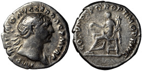 Trajan, 98-117. Denarius (silver, 2.89 g, 19 mm), Rome. Laureate bust of Trajan to right, with slight drapery on left shoulder. Rev. Aequitas seated l...