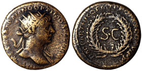 Trajan, 98-117. Semis (orichalcum, 4.45 g, 19 mm), Rome, for use in Syria. IMP CAES NER TRAIANO OPTIMO AVG GERM Radiate bust of Trajan to right, with ...