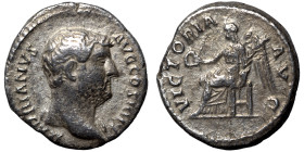 Hadrian, 117-138. Denarius (silver, 3.18 g, 17 mm). Rome. Bare head right. Rev. Victory seated left, holding wreath and palm frond. RIC 2243. Nearly v...