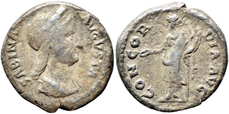 Sabina, Augusta, 128-136/7. Denarius (silver, 2.68 g, 17 mm), Rome. Diademed and...