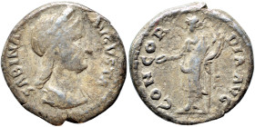 Sabina, Augusta, 128-136/7. Denarius (silver, 2.68 g, 17 mm), Rome. Diademed and draped bust of Sabina to right, her hair tied in a plait falling down...