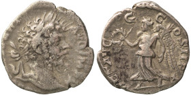 Septimius Severus, 193-211. Denarius (silver, 2.04 g, 16 mm), Rome. Laureate head right. Rev. Victory advancing left, holding wreath and palm frond. R...