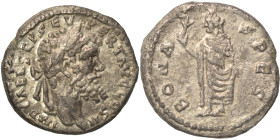 Septimius Severus, 193-211. Denarius (silver, 3.04 g, 17 mm), Emesa. Laureate head right. Rev. Spes advancing left, holding flower and raising hem of ...