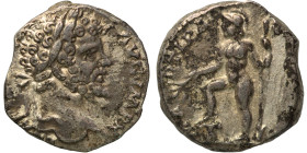 Septimius Severus, 193-211. Denarius (silver, 3.44 g, 15 mm), Rome. Laureate head right. Rev. Neptune standing left, leaning on raised right leg set o...