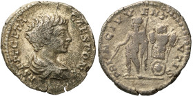 Geta, Caesar, 198-209. Denarius (silver, 3.10 g, 18 mm), Rome. Bareheaded and draped bust right. Rev. Geta standing left, holding baton and sceptre; t...