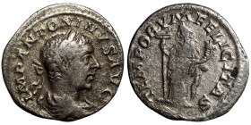 Elagabalus, 218-222. Denarius (silver, 2.52 g, 18 mm), Rome. Laureate and draped bust of Elagabalus to right, seen from behind. Rev. Felicitas standin...