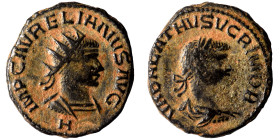 Aurelian, with Vabalathus, 270-275. Antoninianus (bronze, 3.46 g, 19 mm), Antioch. IMP C AVRELIANVS AVG Radiate and cuirassed bust of Aurelian right; ...