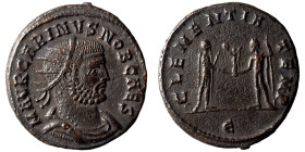 Carinus. as caesar, 282-283. Antoninianus (bronze, 3.74 g, 20 mm), Cyzicus. M AVR CARINVS NOB CAES Radiate and draped bust right. Rev. CLEMENTIA TEMP ...