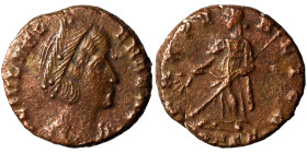 Helena, 324-328/30. Follis (bronze, 1.83 g, 14 mm), Trier(?). FL IVL HE-LENAE AVG Diademed and draped bust of Helena to right. Rev. PAX PVBLICA Pax st...