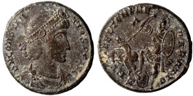 Constantius II, 337-361. Follis (bronze, 6.60 g, 23 mm), Antioch. D N CONSTAN-TIVS P F AVG Pearl-diademed, draped and cuirassed bust of Constantius II...