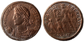 Constantius II, 337-361. Ae (bronze, 4.39 g, 22 mm), Constantinople. Pearl-diademed, draped and cuirassed bust left, holding globe in right hand. Rev....