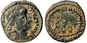 Constantius II, 337-361. Ae (bronze, 0.73 g, 14 mm), contemporary imitation. Pearl-diademed head right. Rev. VOT / XX / MVLT / XXX in four lines withi...