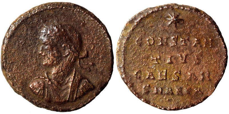 Constantius II, 337-361. Follis (bronze, 2.35 g, 17 mm), Antioch. Laureate, drap...