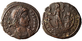 Constans, 337-350. Ae (bronze, 4.63 g, 24 mm), Thessalonica. D N CONSTANS P F AVG Pearl-diademed and draped bust to right. Rev. FEL TEMP REPARATIO Emp...