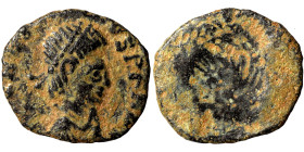 Arcadius, 383-408. Brockage Follis (bronze, 0.83 g, 14 mm), uncertain mint. D N ARCADIVS P F AVG Pearl-diademed, draped, and cuirassed bust right. Rev...