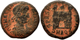 Magnus Maximus 383-388. Follis (bronze, 1.23 g, 13 mm), Aquileia. D N MAG MA-XIMVS P F AVG Pearl-diademed, draped and cuirassed bust right. Rev. SPES ...