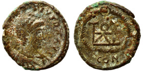 Theodosius II, 402-450. Nummus (bronze, 1.58 g, 14 mm), Constantinople. D N THEODOSIVS P F AVG Pearl-diademed and draped bust of Theodosius II to righ...