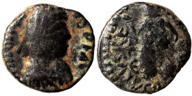 Johannes, usurper, 423-425. Ae (bronze, 1.20 g, 12 mm),Rome (?). D N IOHANN-ES P F AVG Pearl-diademed, draped and cuirassed bust of Johannes to right....