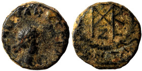 Marcian, 450-457. Nummus (bronze, 1.06 g, 10 mm), Antioch. D N MARCIANVS P F AV or similar, diademed, draped and cuirassed bust right. Rev. Monogram i...