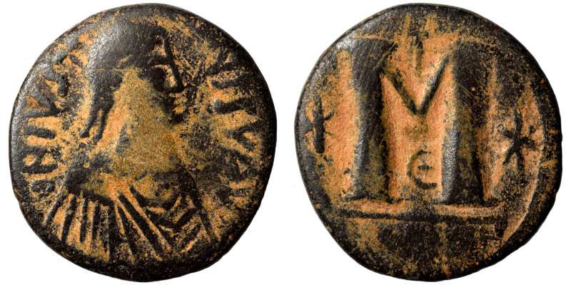 Justin I, 518-527. Follis (bronze, 15.75 g, 29 mm), Constantinople. DN IVSTINVS ...