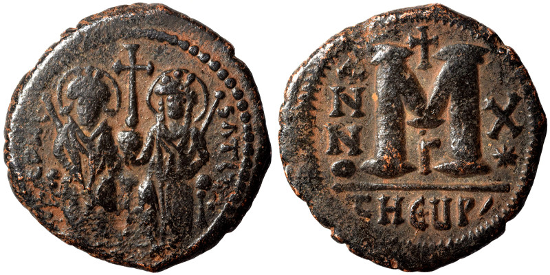 Justin II, with Sophia, 565-578. Follis (13.74 g, 31 mm), Theoupolis (Antioch). ...