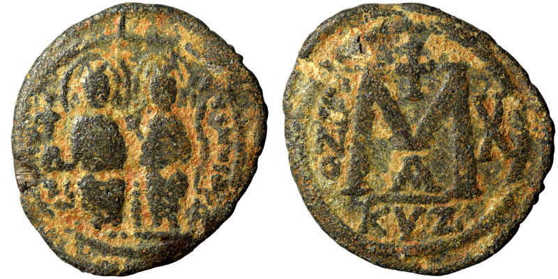 Justin II, with Sophia, 565-578. Half Follis (bronze, 8.73 g, 29 mm), Cyzicus. D...