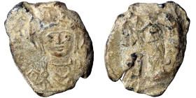 BYZANTINE. Justinian I, 527-565. Seal (Lead, 6.66 g ,21 mm). Draped nimbate facing bust of Justinian I, wearing helmet with diadem and pendilia. Rev. ...
