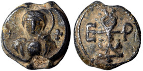 BYZANTINE. Circa 6-7th centuries. Seal (lead, 6.30 g, 18 mm). Nimbate bust of the Virgin Mary, facing, between two crosses, holding a medallion of a f...