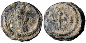 BYZANTINE. Circa 6-7th centuries. Seal (lead, 9.75 g, 20 mm).The Virgin Mary standing facing, holding infant Christ. Rev. Cruciform monogram. Thick de...