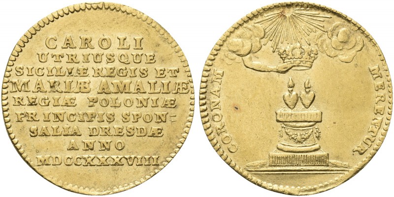 NAPOLI. Carlo di Borbone, 1734-1759. Carlino o medaglia 1738. Au gr. 3,47 Dr. CA...
