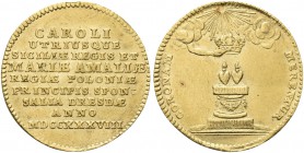 NAPOLI. Carlo di Borbone, 1734-1759. Carlino o medaglia 1738. Au gr. 3,47 Dr. CAROLI / UTRIUSQUE / SICILIÆ REGIS ET / MARIÆ AMALIÆ / REGIÆ POLONIÆ / P...