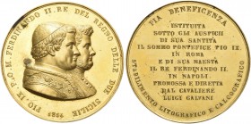 NAPOLI. Pio IX (Giovanni Maria Mastai Ferretti), 1846-1878. Medaglia 1854. Æ dorato gr. 114,25 mm 59,8 Dr. PIO IX P O M FERDINANDO II RE DEL REGNO DEL...