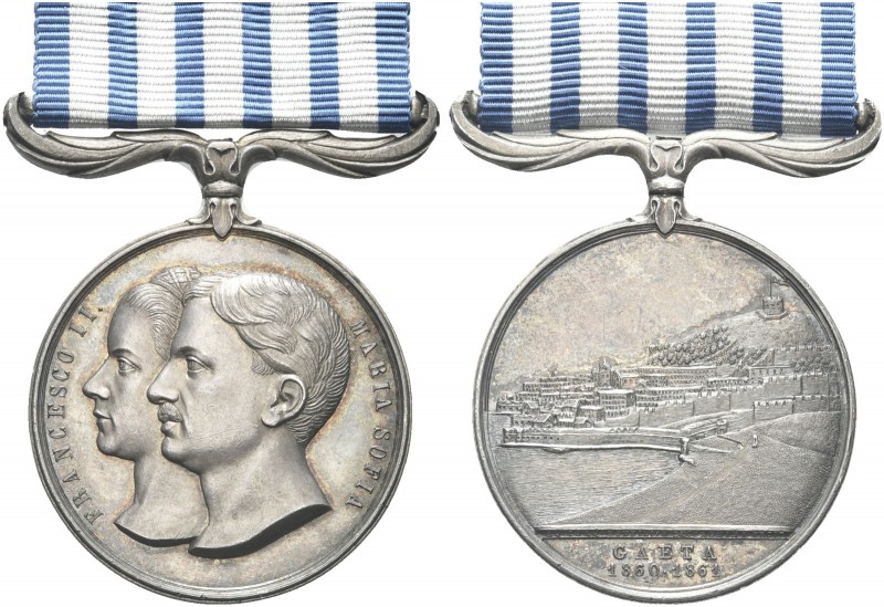 NAPOLI. Medaglia 1860-1861 con appiccagnolo e nastro azzurro listato da cinque r...