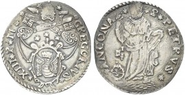 ANCONA. Gregorio XIII (Ugo Boncompagni), 1572-1585. Giulio. Ag gr. 3,18 Dr. GREGORIVS - XIII P M. Stemma ovale in cornice a volute, tre stelle sopra l...