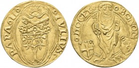 BOLOGNA. Giulio II (Giuliano della Rovere), 1503-1513. Ducato papale. Au gr. 3,43 Dr. IVLIVS - II PAPA. Stemma sormontato da triregno e chiavi decussa...